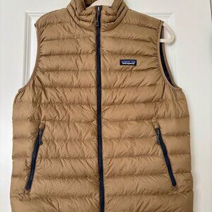 Patagonia Mens Down Sweater Padded Vest - Size M - Camel/Navy NWOT